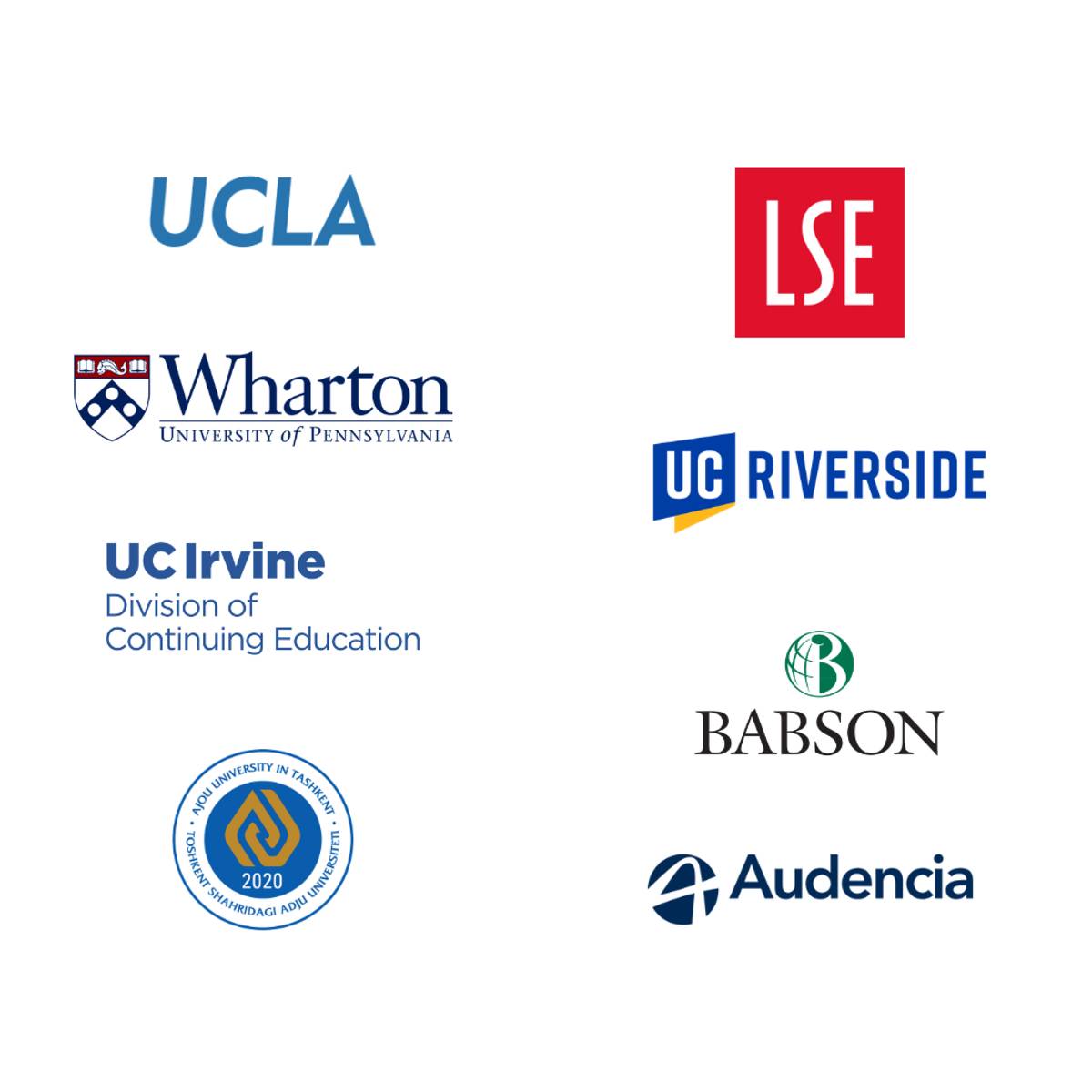 La imagen muestra logotipos de diversas universidades y escuelas de negocios.