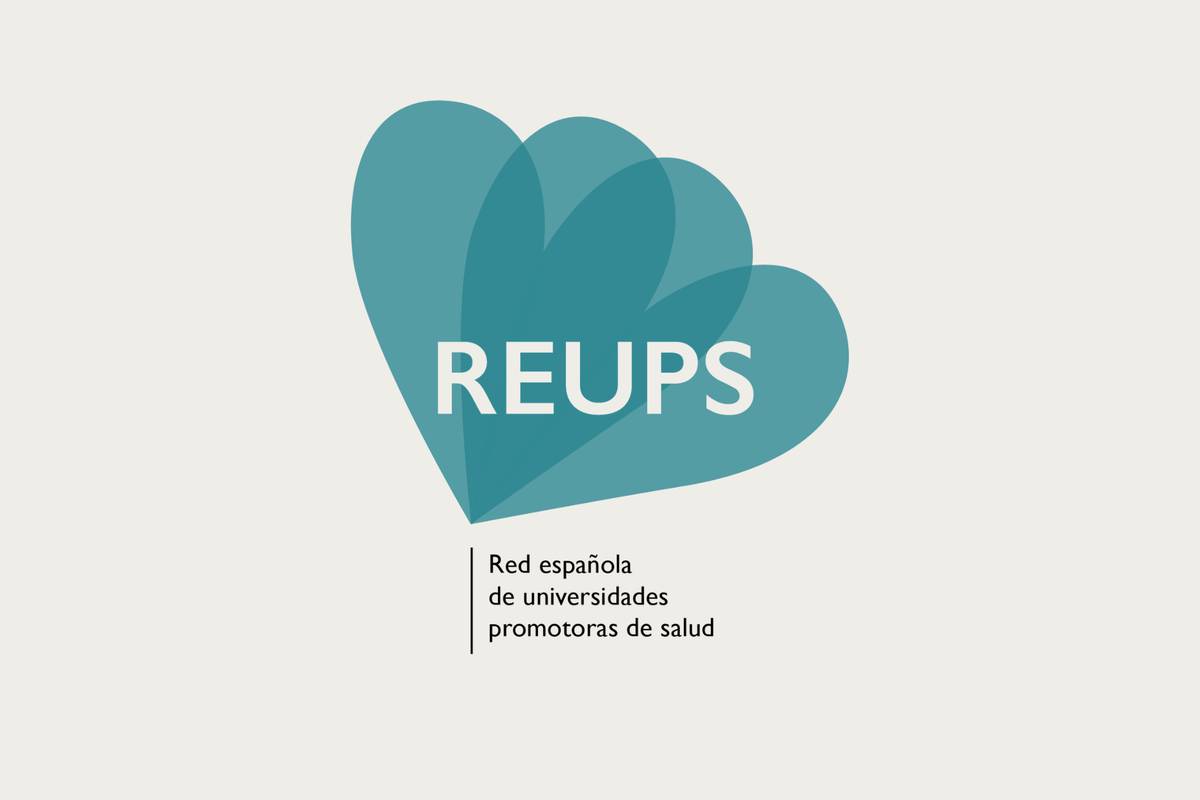 Logo de la Red Española de Universidades Promotoras de Salud con un diseño de corazones superpuestos.