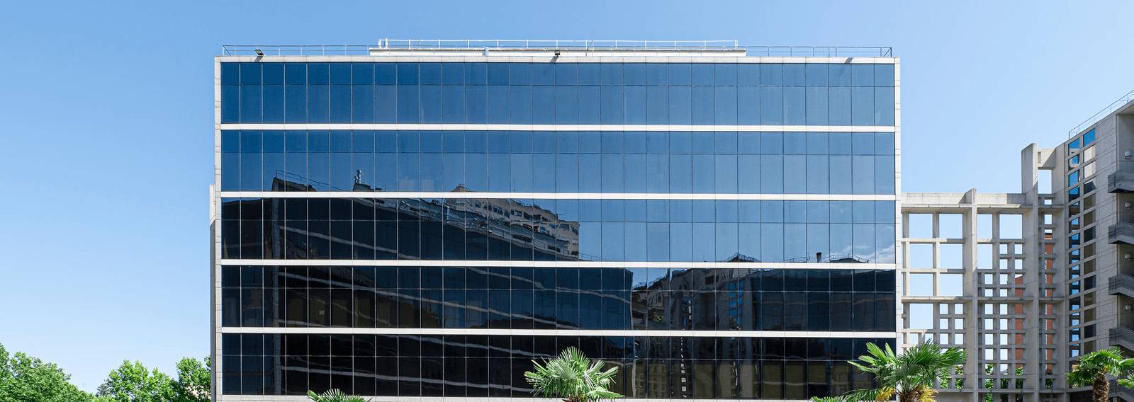 Edificio moderno de oficinas con fachada de vidrio y vegetación en primer plano.
