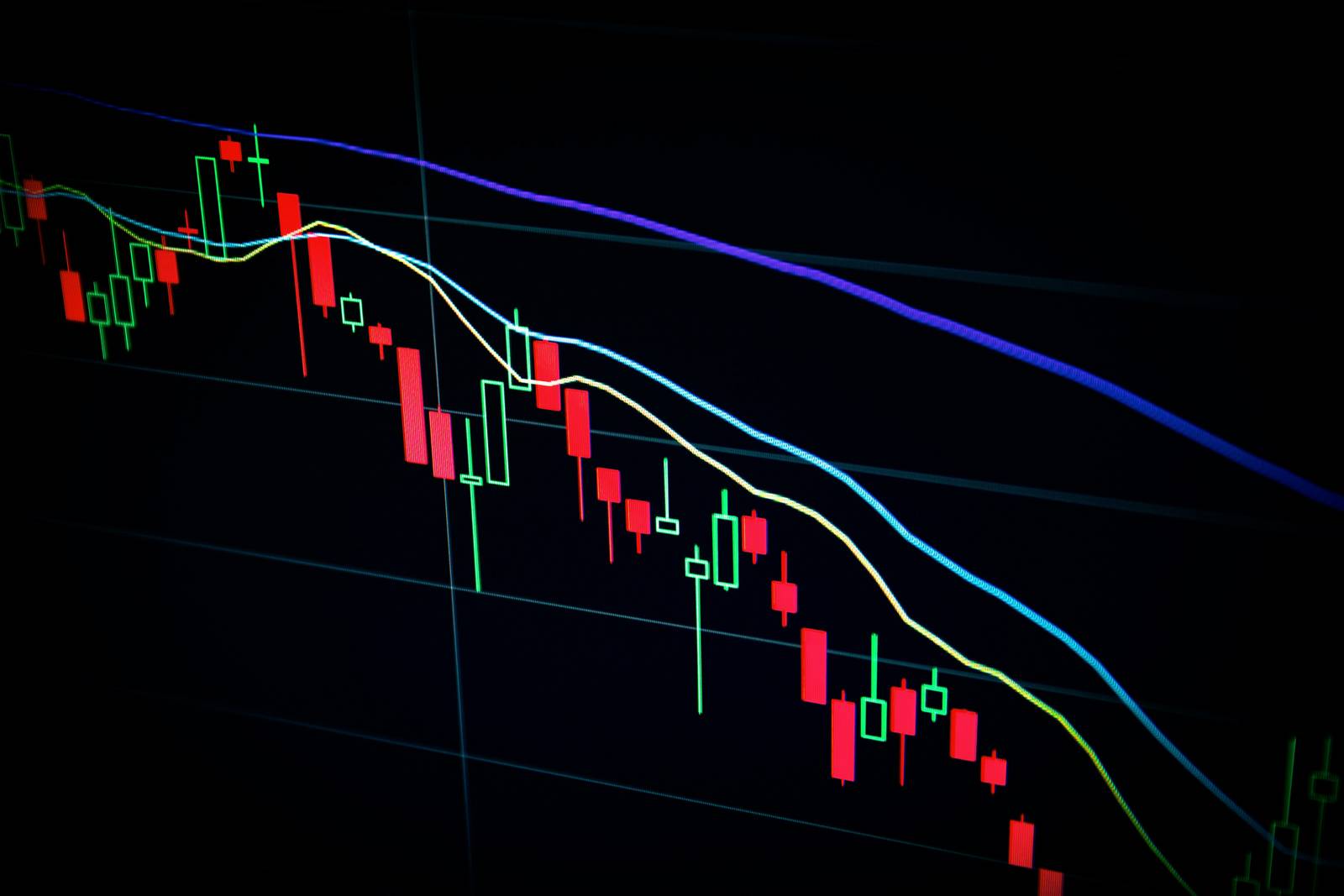 Gráfico de velas japonesas que muestra una tendencia bajista en el mercado financiero.