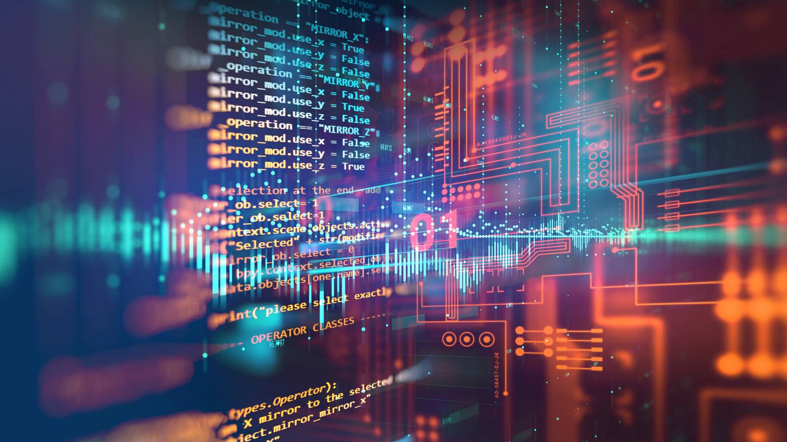 La imagen muestra un diseño abstracto relacionado con la programación y la tecnología, con circuitos y código en un fondo vibrante.