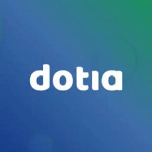 La imagen muestra el texto 'dotia' sobre un fondo de colores azul y verde.