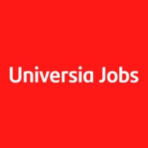 Logo de Universia Jobs sobre un fondo rojo.