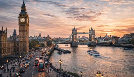 Una vista panorámica del Tower Bridge y el Big Ben al atardecer en Londres.