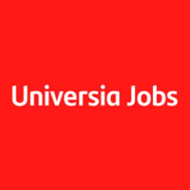 Logo de Universia Jobs sobre un fondo rojo.