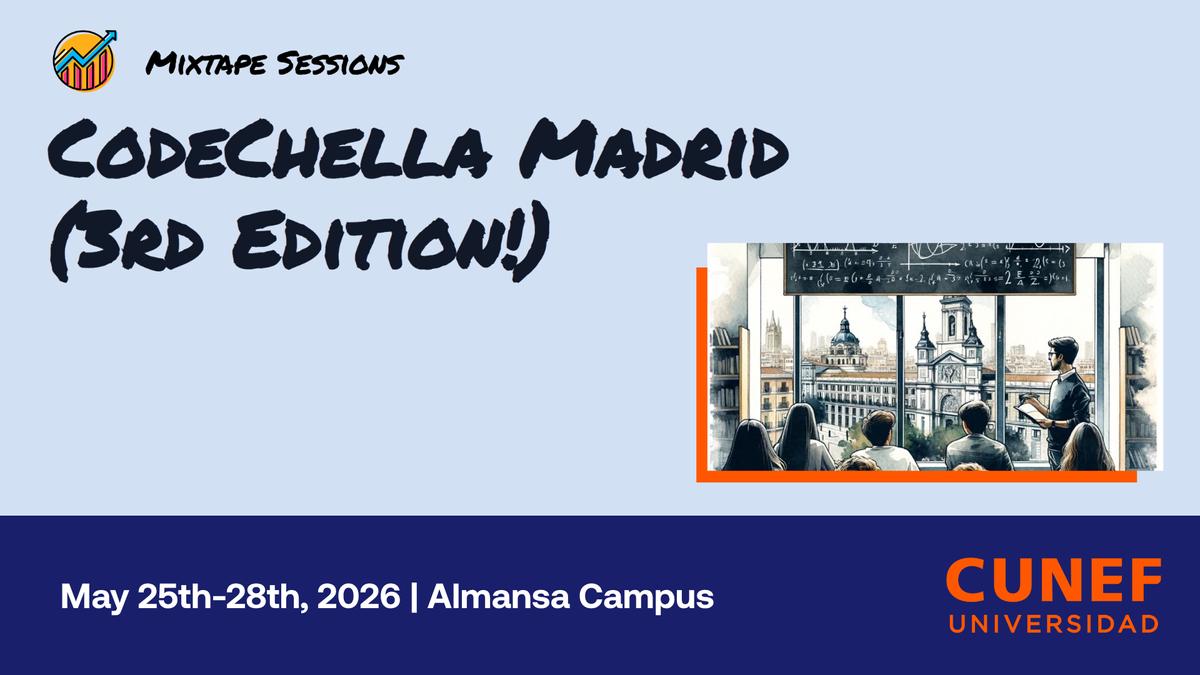 Un anuncio del evento CodeChella Madrid con fechas y detalles sobre su realización.