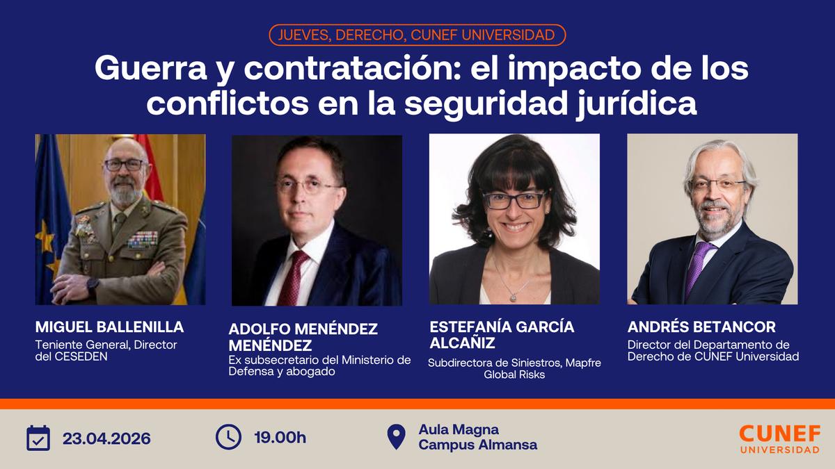 Evento sobre el impacto de los conflictos en la seguridad jurídica con cuatro ponentes destacados.