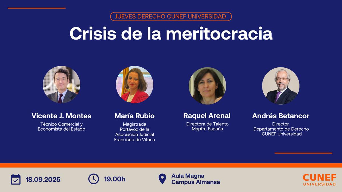 Imagen promocional del evento "Crisis de la meritocracia" con los ponentes Vicente J. Montes, María Rubio, Raquel Arenal y Andrés Betancor.
