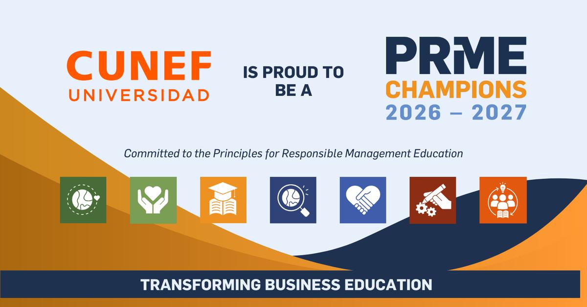 La imagen presenta el logo de CUNEF Universidad, seleccionada por PRME Champions 2026-2027