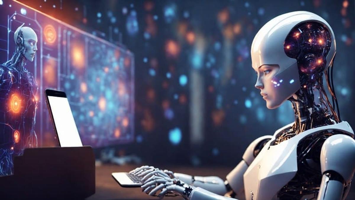 Un robot interactuando con una computadora en un entorno futurista.