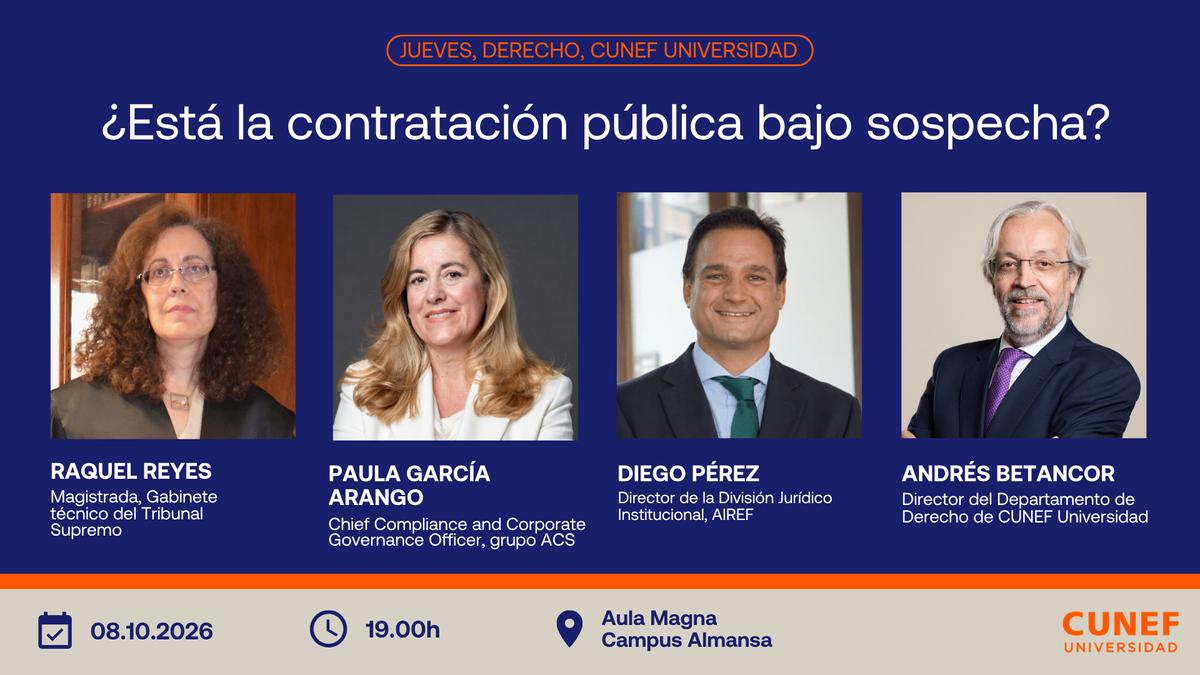 La imagen presenta un anuncio de un evento sobre la contratación pública que incluye información sobre ponentes y fecha.