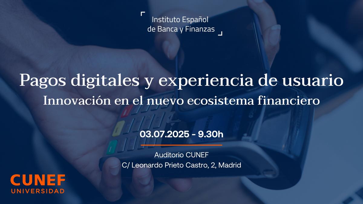 La imagen muestra la cartelería del evento sobre pagos digitales y experiencia de usuario. De fondo, la imagen de una persona pagando con contactless a través de un móvil