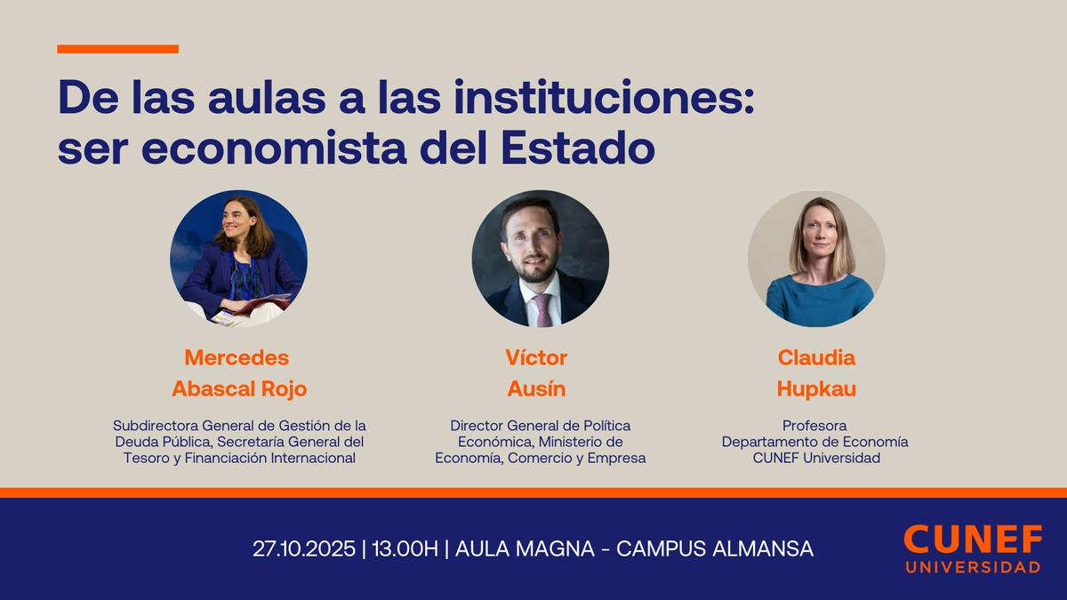 La imagen anuncia un evento sobre la economía del Estado con tres ponentes destacados.