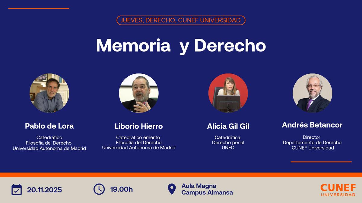 Evento académico sobre Memoria y Derecho con cuatro ponentes destacados.
