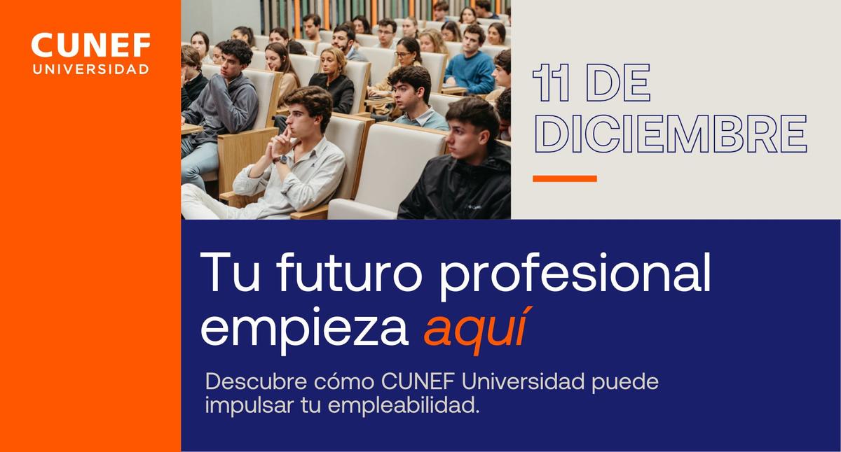Un grupo de estudiantes escucha atentamente en un evento de CUNEF Universidad que presenta oportunidades para su futuro profesional.