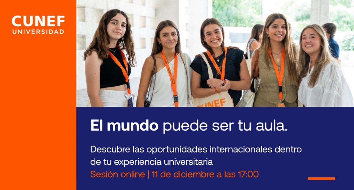 Un grupo de estudiantes sonríen mientras promueven una sesión online sobre oportunidades internacionales en la universidad.