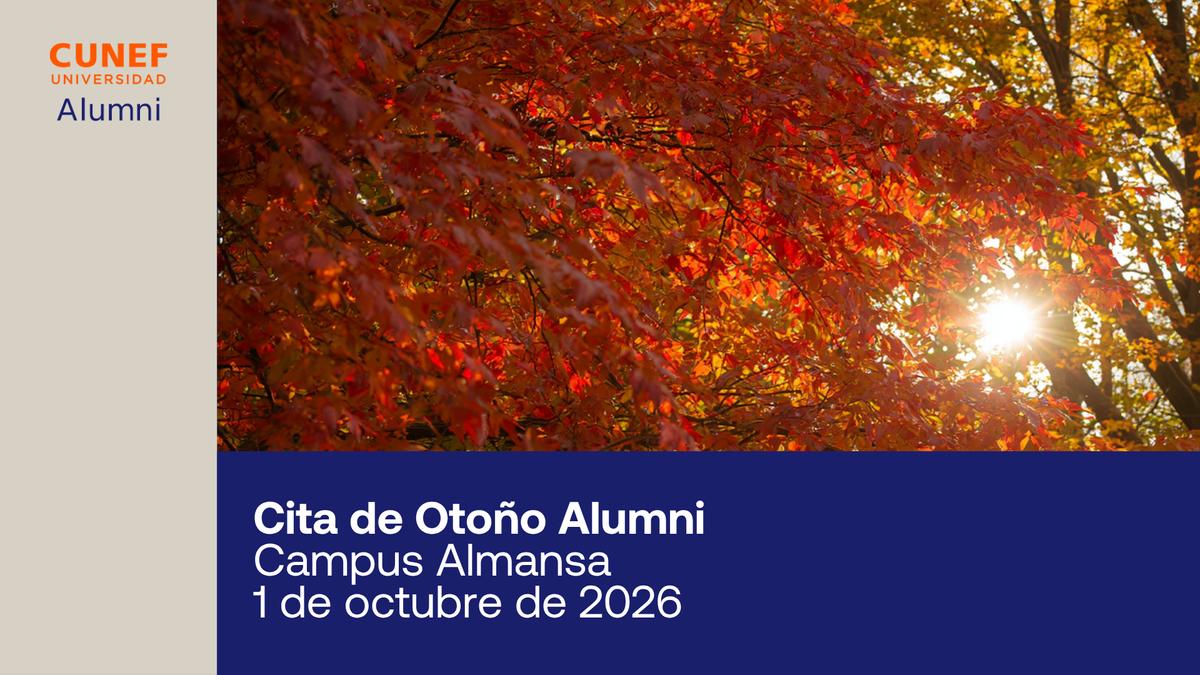 La imagen muestra un paisaje otoñal con árboles de hojas rojas y doradas, junto a un texto que anuncia un evento en el campus de Almansa.