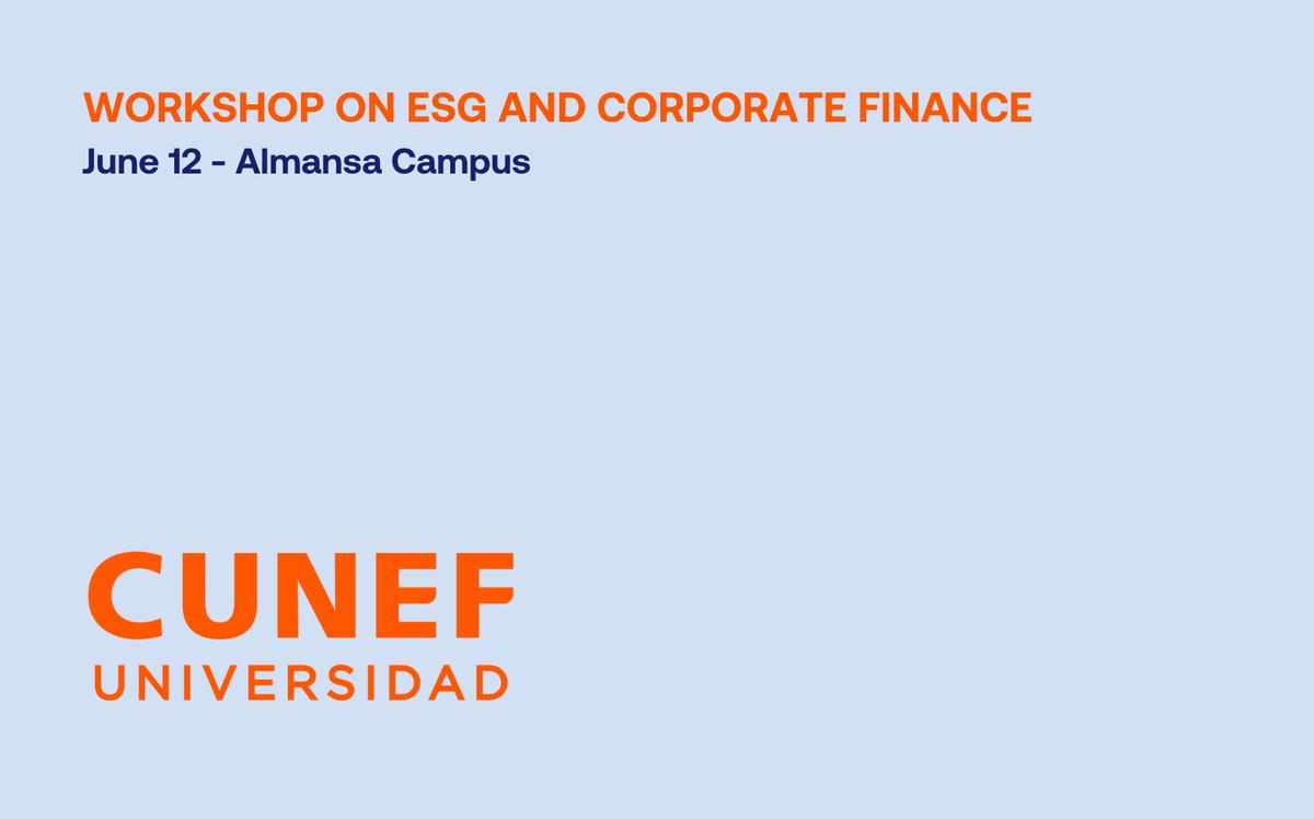 Cartel informativo sobre un taller de finanzas corporativas y ESG en el campus de Almansa.
