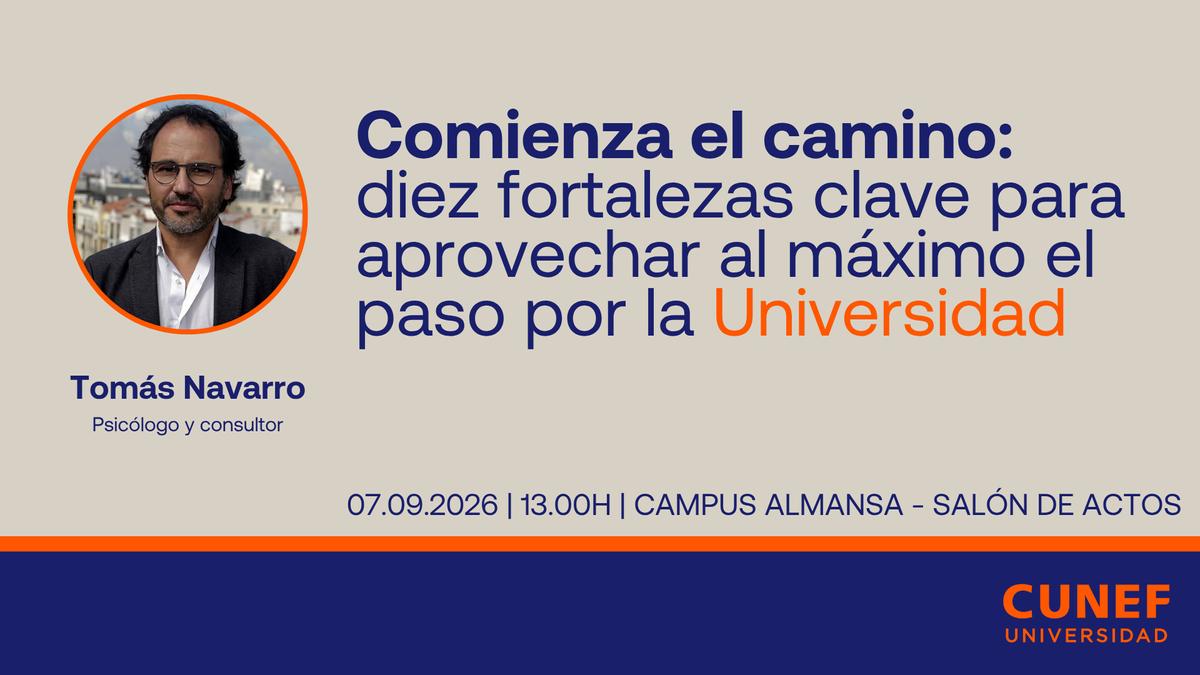 Anuncio de una charla sobre las fortalezas clave para aprovechar la experiencia universitaria a cargo de Tomás Navarro.