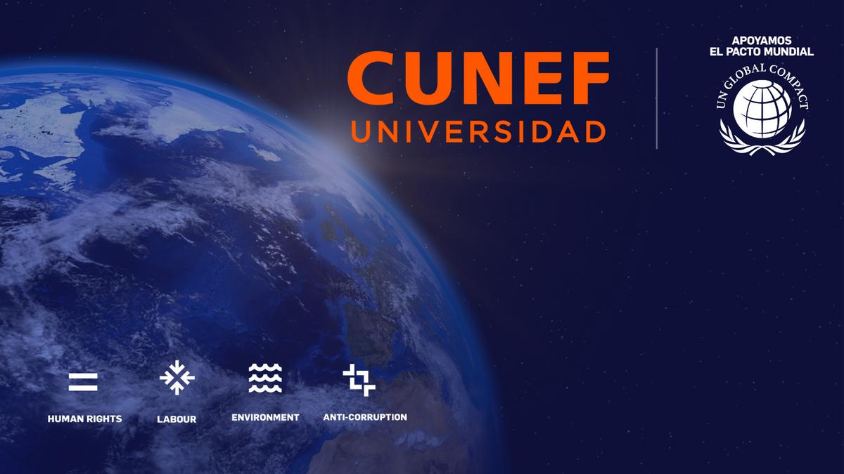 Imagen de La Tierra vista desde el espacio, con logos de CUNEF Universidad y del Pacto Mundial