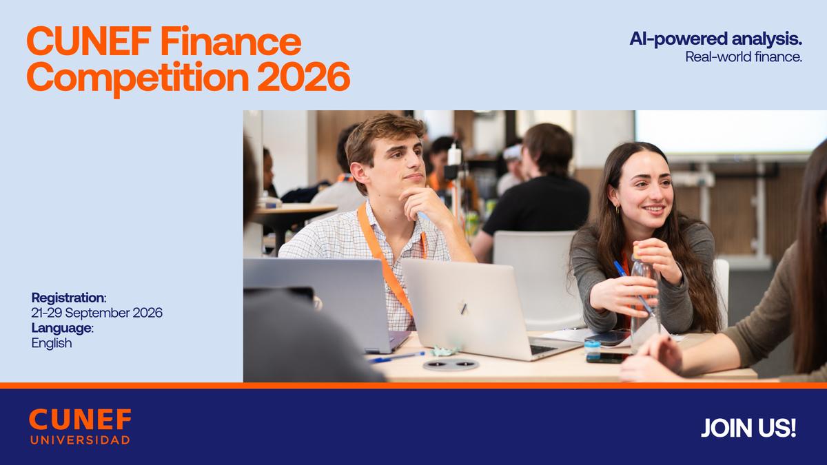 La imagen promociona la Competencia de Finanzas CUNEF 2026, destacando la participación y el análisis impulsado por inteligencia artificial.