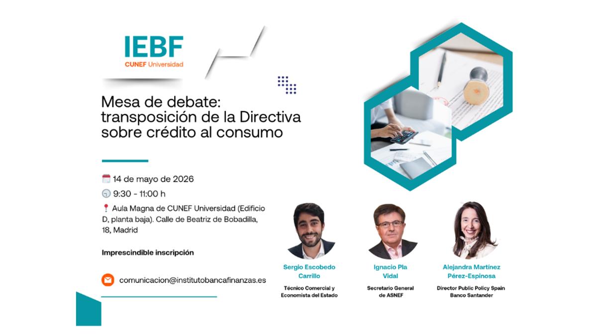 Una mesa de debate sobre la transposición de la Directiva sobre crédito al consumo en una universidad.