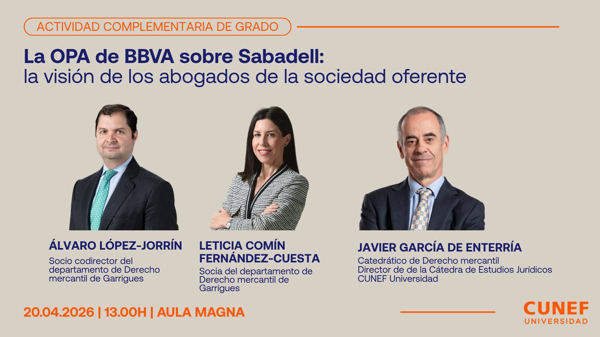 Evento académico sobre la OPA de BBVA sobre Sabadell con la participación de tres abogados destacados.