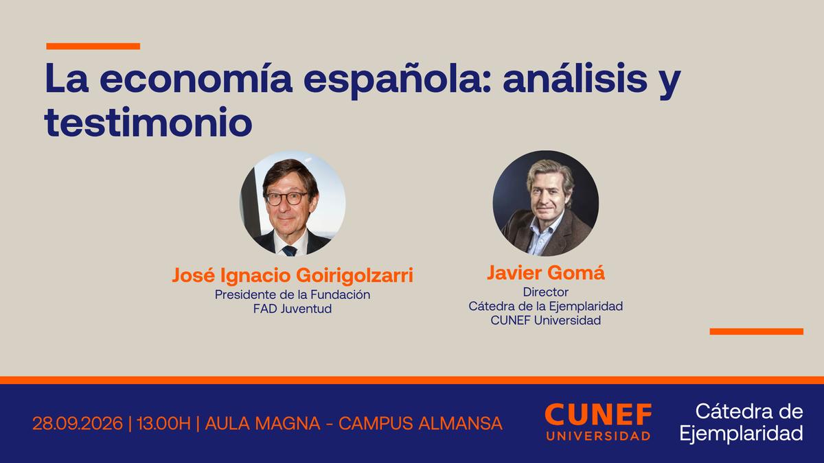 La imagen presenta un evento sobre la economía española con dos ponentes destacados.