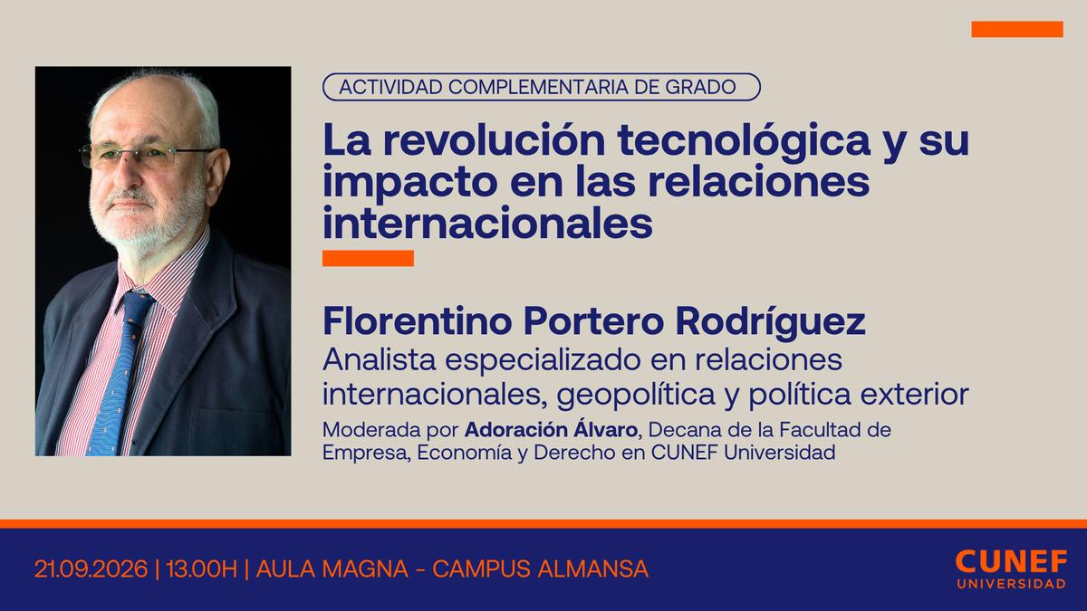 Anuncio de una actividad académica sobre la revolución tecnológica y su impacto en las relaciones internacionales.