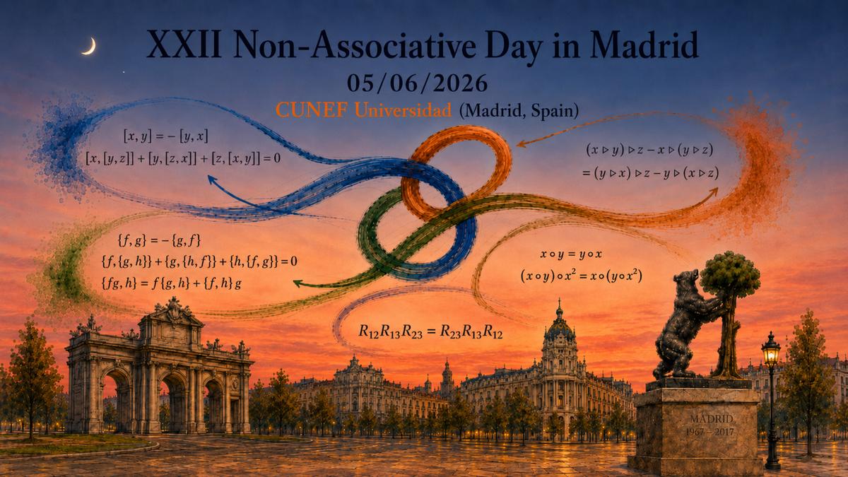 La imagen promociona el XXII Día No Asociativo en Madrid, destacando conceptos matemáticos y la fecha del evento.