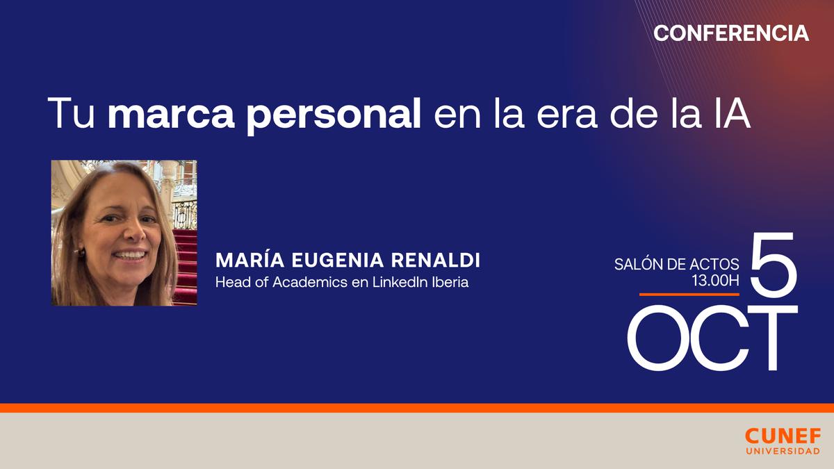 La imagen promociona una conferencia sobre la marca personal en la era de la IA, presentada por María Eugenia Renaldi.