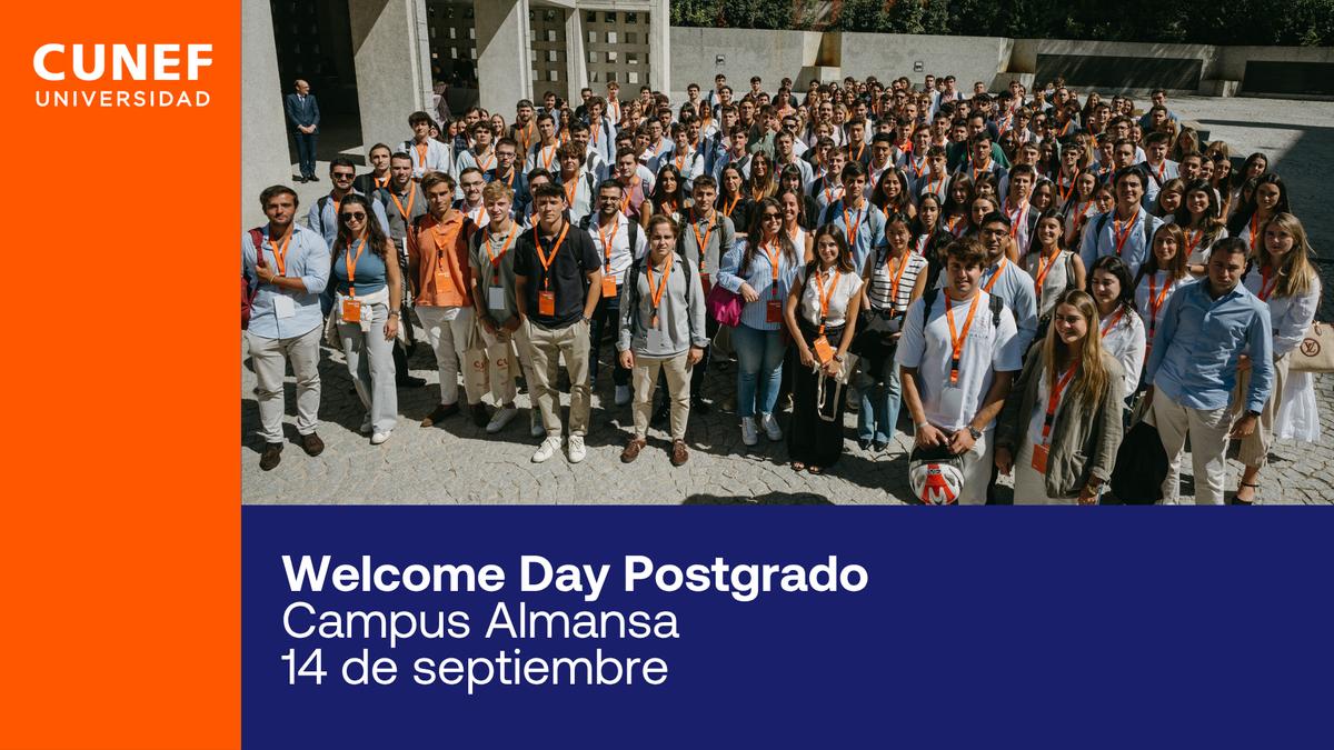 Un grupo numeroso de estudiantes se reúne en el Campus Almansa para el Welcome Day de posgrado.