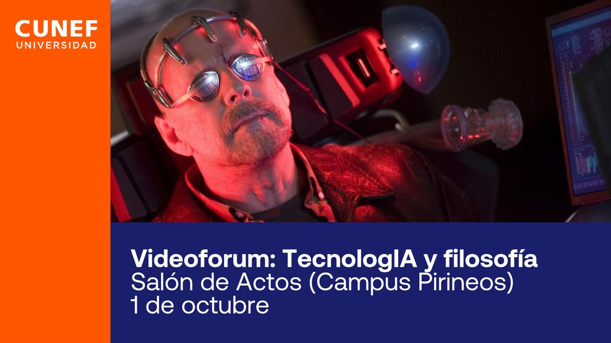 El cartel del videoforo destaca el tema de la tecnología y la filosofía, programado para el 1 de octubre en el Salón de Actos del Campus Pirineos.