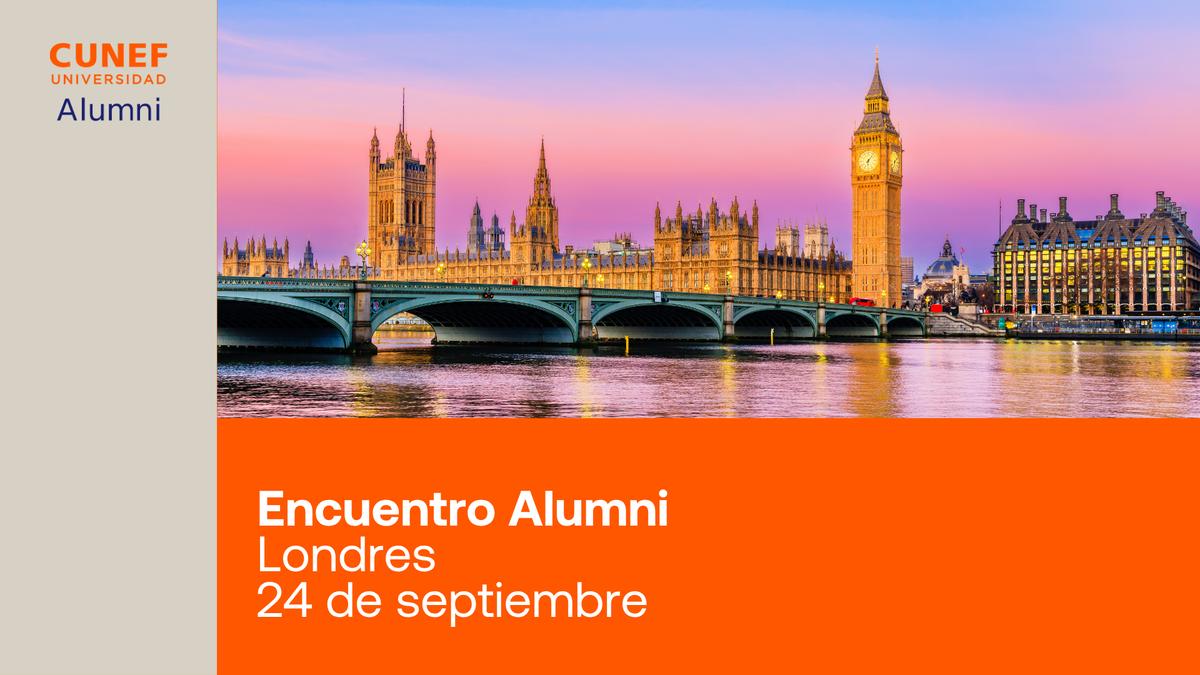 Imagen que promociona un encuentro de Alumni en Londres con un paisaje urbano al atardecer.