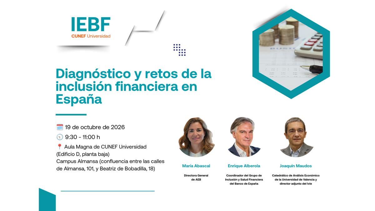 La imagen presenta un anuncio sobre una conferencia titulada 'Diagnóstico y retos de la inclusión financiera en España', programada para el 19 de octubre de 2026.