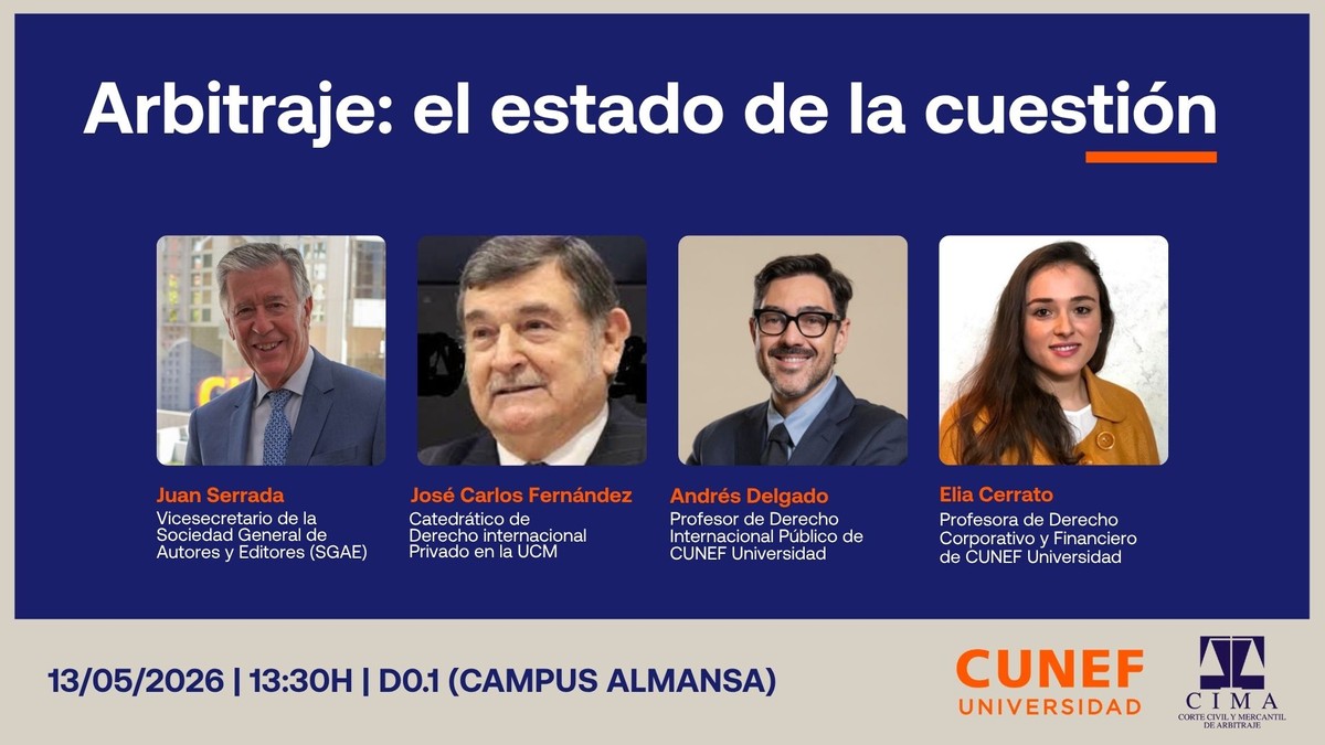 Imagen promocional de un evento sobre arbitraje que incluye información sobre los ponentes y detalles del evento.