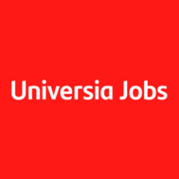 Logo de Universia Jobs sobre un fondo rojo.